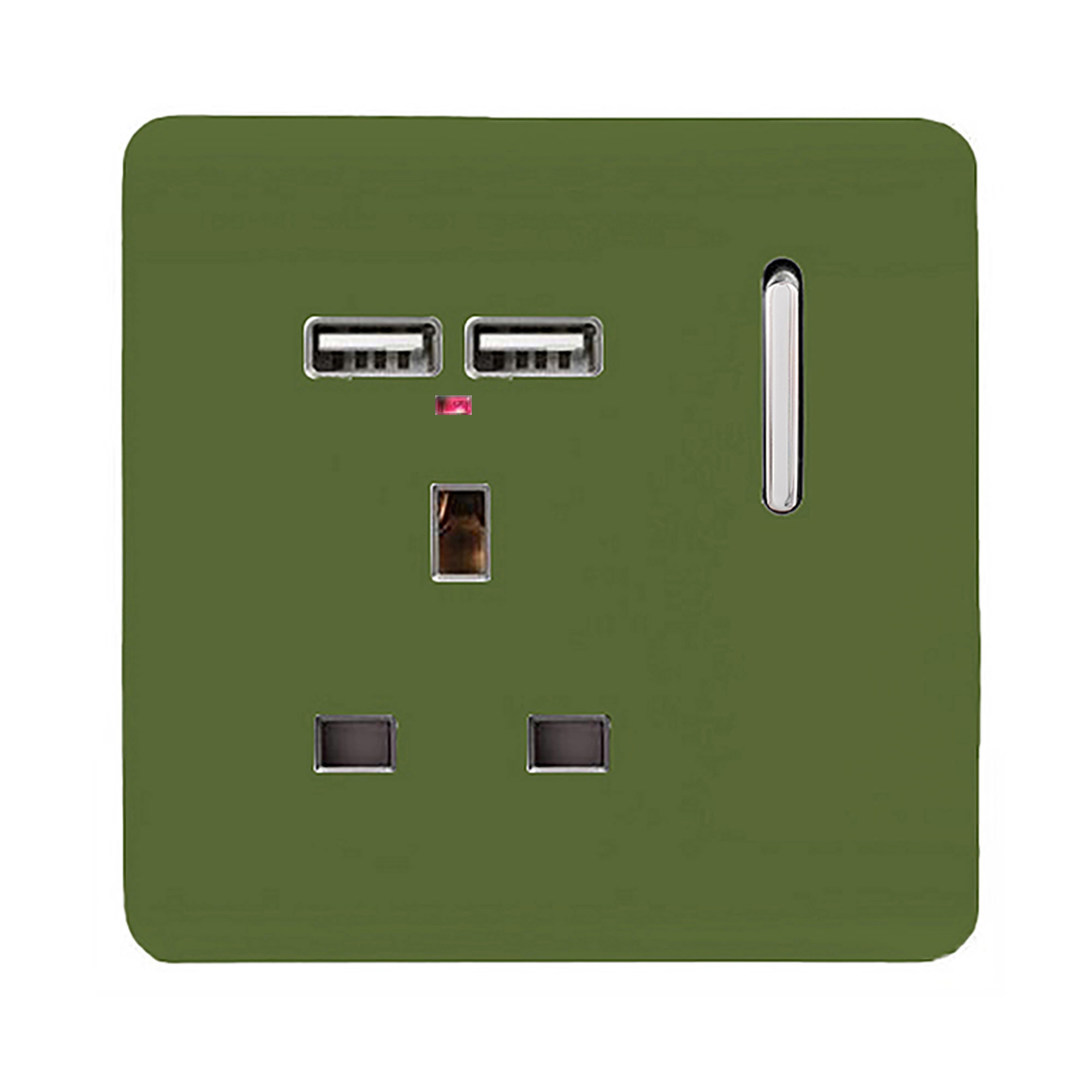 1 Gang Switched Single Socket 13A With 2 x USB-A 10W (Shared) With Neon Insert Moss Green ART-SKT13USBMG  Trendi Moss Green